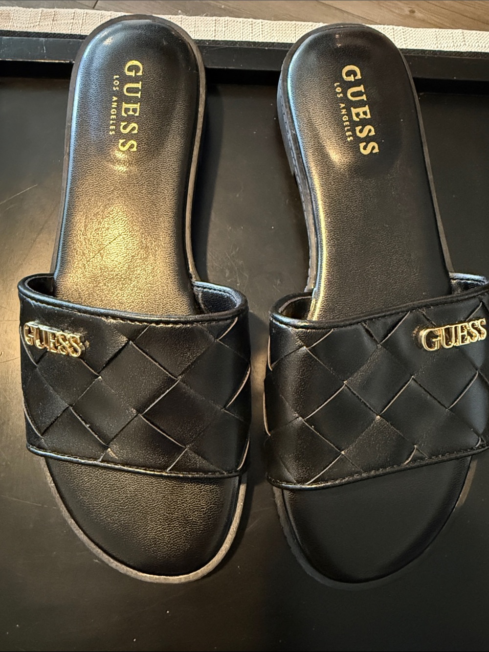 GUESS Black Quilted Slide Sandals with Gold Logo Accent
